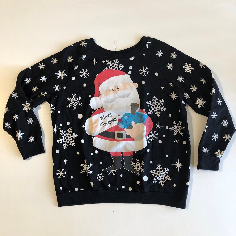 Christmas Women’s Sweater Santa Black Merry Christmas Pullover LS Sz XL